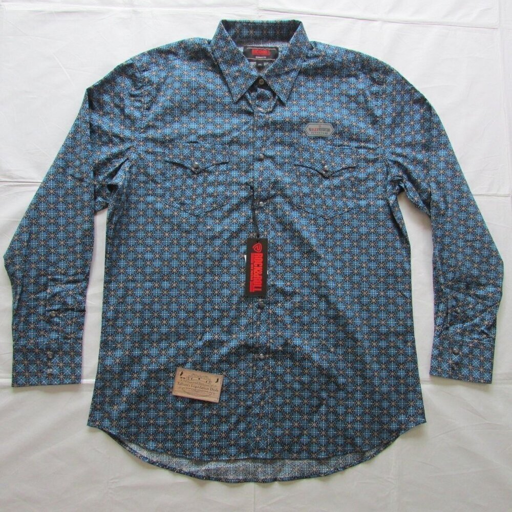 Rock & Roll Men's XL Long Sleeve Modern Fit Print Snap Western Shirt Blue